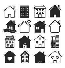Large set of black and white vector house icons and urban buildings in assorted shapes over white for design elements