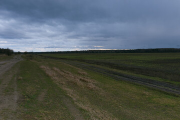 Agricultural field on a cloudy evening. Field landscape.