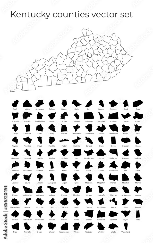 Poster kentucky map with shapes of regions. blank vector map of the us state with counties. borders of the 