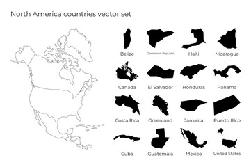 North America map with shapes of regions. Blank vector map of the Continent with countries. Borders of the continent for your infographic. Vector illustration.
