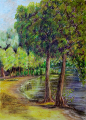 At a lake. Landscape from nature. Drawing oil pastels on paper.