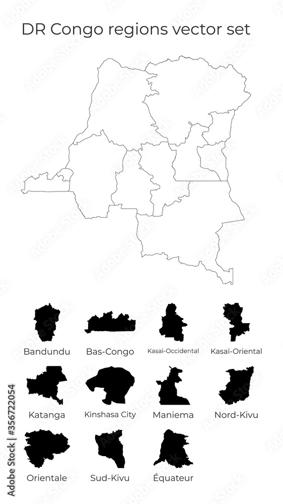 Poster dr congo map with shapes of regions. blank vector map of the country with regions. borders of the co