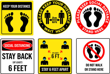 Social Distancing Signage or Floor Sticker for help reduce the risk of catching coronavirus Covid-19. Vector sign.