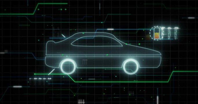 Symbol of an electric car against a technical computer background. Charging battery electric car