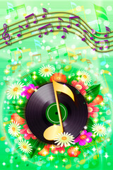 Summer background with flowers, notes and vinyl record.