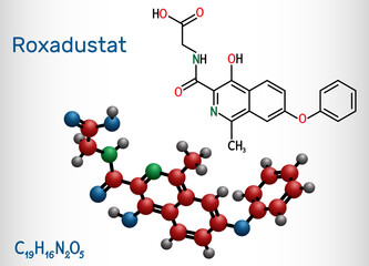 Roxadustat molecule. It is prolyl hydroxylase inhibitor, stimulates production of hemoglobin and red blood cells. Structural chemical formula and molecule model