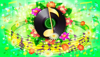 Summer background with flowers, notes and music vinyl plate.