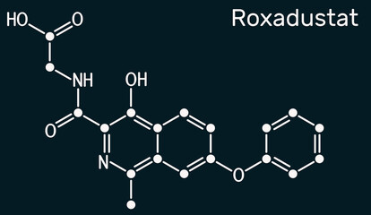 Roxadustat molecule. It is prolyl hydroxylase inhibitor, stimulates production of hemoglobin and red blood cells. Skeletal chemical formula on the dark blue background