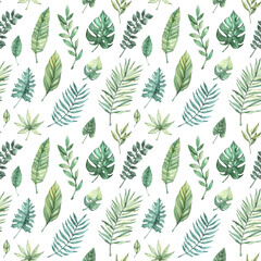 Watercolor seamless pattern. Summer tropical background. Tropical palm leaves (monstera, areca, fan, banana). Perfect for invitations, prints, packing, fabric, textile, wrapping paper