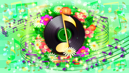 Summer background with flowers, notes and vinyl record. 