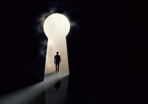 Businessman silhouette standing front of keyhole door concept.3d illustration