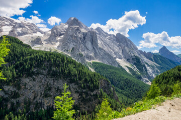 Alpine landscape in the Dolomites, Italy. Glacier Marmolada and Fedaia pass