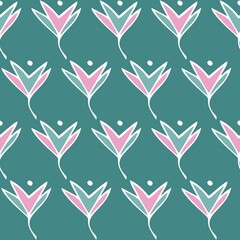 Simple Beautiful Flower Seamless Pattern Background Wallpaper. Combination colors of pink, white, and mint tosca. Pattern for Textile, fabric, paper, print, interior, decor and more.