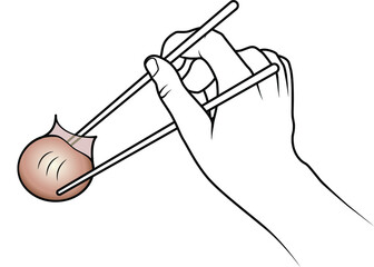Hand holding a pair of chopsticks with a dumpling.