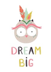 Cute indian owl. Vector illustration, card design with hand drawn decorative text.