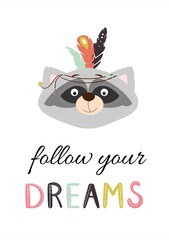 Fototapeta premium Cute indian raccoon. Vector illustration, card design with hand drawn decorative text.