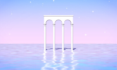 Aesthetic landscape with colonnade of white pillars in surreal sea. 90s or 80s styled vaporwave background with pastel pink and blue sunset colors