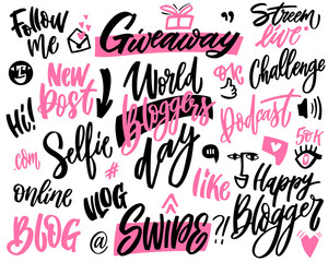 Blogging and vlogging set hand lettering and doodle elements. Vector phrases for creating content and posting it on social media, blog and vlog.mBundle of design elements pink and black colors