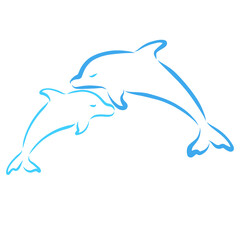 Fototapeta premium two blue dolphins, parent and baby, cute family