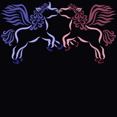 winged unicorn and winged horse on black background, fairy tale romance