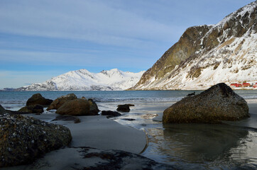 majestic mountain, sea and beach landscape in the arctic circle
