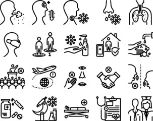 Coronavirus line icon set, Covid-19 symbols set collection or vector sketches. 2019-ncov prevention signs set for computer web, the linear pictogram style package isolated on white background