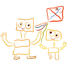 kid and his mother with a kite, funny children's drawing