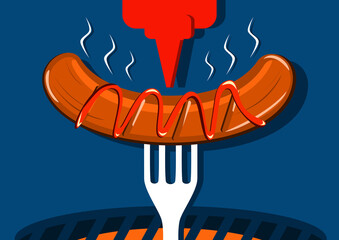 Fork with grilled sausage with ketchup bottle and grill