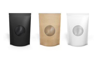 Obraz premium Empty kraft paper packs with round window isolated on white. 3D