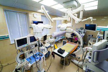 Modern equipment in operating room. Medical devices for neurosurgery. Background. Operating...