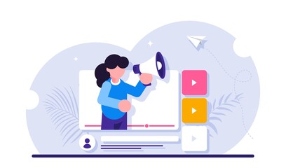 Social video marketing concept. Online advertisement, internet promotion, digital ad or promo. Woman holding bullhorn or megaphone in multimedia player window. Modern flat illustration.