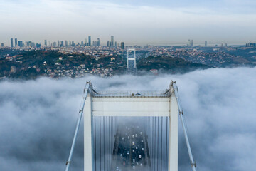 Foggy view of Fatih Sultan Mehmet bridge. Istanbul, Turkey.