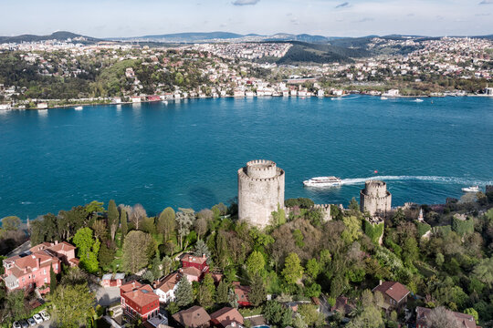 Roumeli Hissar Castle (Rumeli Hisar?) and the Anatolian side of the image from the air. Istanbul, Turkey.