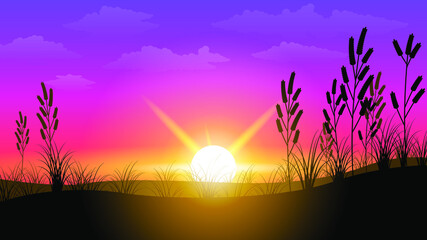 Abstract Purple Field Grass Nature Background Vector With Plants And Sun