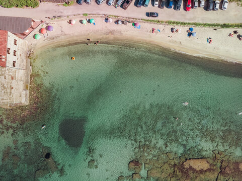 Aerial view of the beach next to Torre Mozza, Follonica, Tuscany, Italy