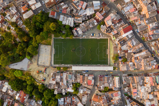 Aerial view of a soccer field in Granizal, Medell&Igrave;n, Antioquia, Colombia