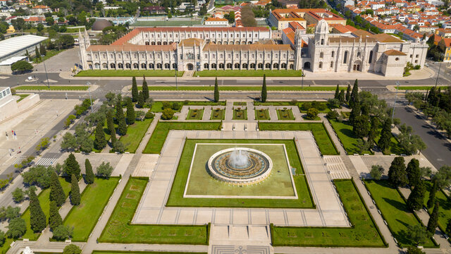 Aerial view of Jeronimos Monastery and Empire Square, on a partial sunny day, durind the pandemic Covid-19, in Lisbon, Portugal's capital.
