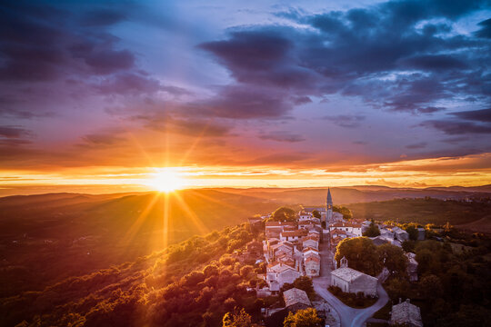 Aerial view of the Church of St. Rocco at sunset in Draguc, Croatia