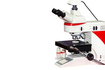 modern microscope for science laboratory or industrial work connect with computer on table isolated...