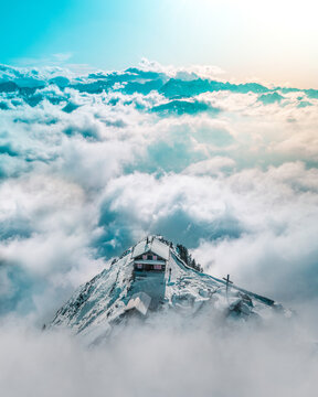 Aerial view of Grosse Mythen mountain in Winter, Switzerland