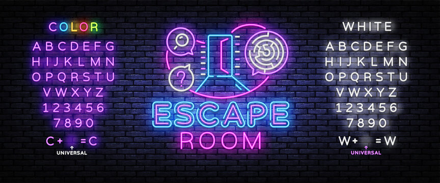 Real-life room escape neon sign vector. Quest game poster neon design temlate. Editing text neon sign