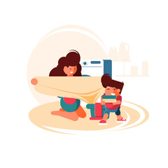 Family mother and little child helper in laundry room near washing machine and dirty clothes. Mom and baby do the laundry. - Vector