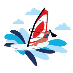Vector illustration on the theme of Windsurfing. A girl is riding a Windsurfing course. Waves, sea, summer, Windsurfing. Flat illustration