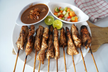 Sate Ayam or Chicken Satay - Indonesian food. Served with peanut sauce and chopped vegetables stock photo