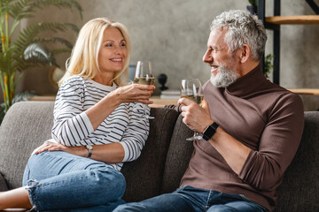 Happy middle aged couple enjoying wine at home in living room