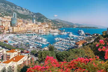 Aerial view of Monte Carlo harbor and the coastline of Monaco in summer holiday