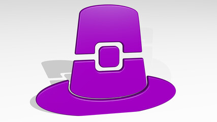 MAGICIAN HAT from a perspective on the wall. A thick sculpture made of metallic materials of 3D rendering