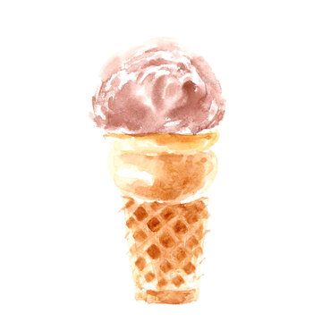 Chocolate ice cream in retro waffle cone isolated on white background.