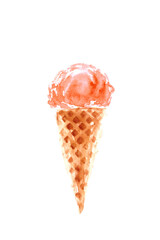 Pink berry ice cream in classic waffle cone isolated on white background.