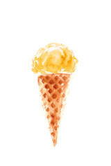 Yellow citrus sorbet ice cream in classic waffle cone isolated on white background.